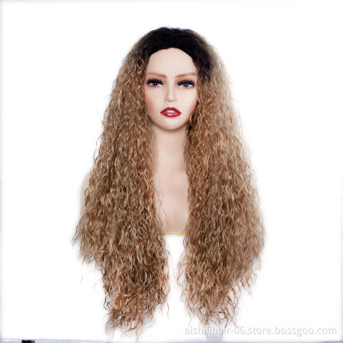 Long synthetic wigs heat resistant fiber ombre black to brown water wave fiber synthettic hair wigs for women